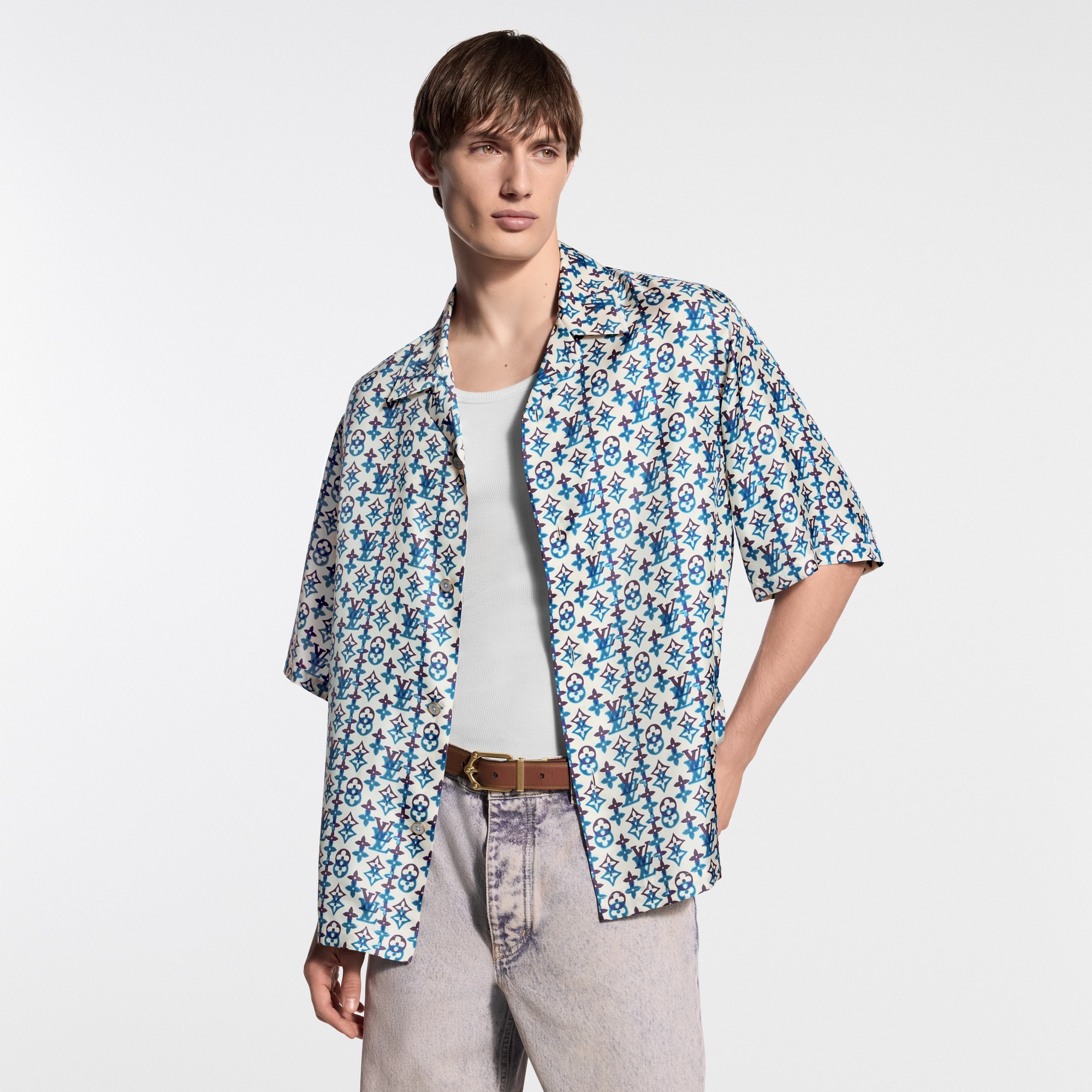 Monogram Printed Silk Short-Sleeved Shirt - Luxury Purple | LOUIS